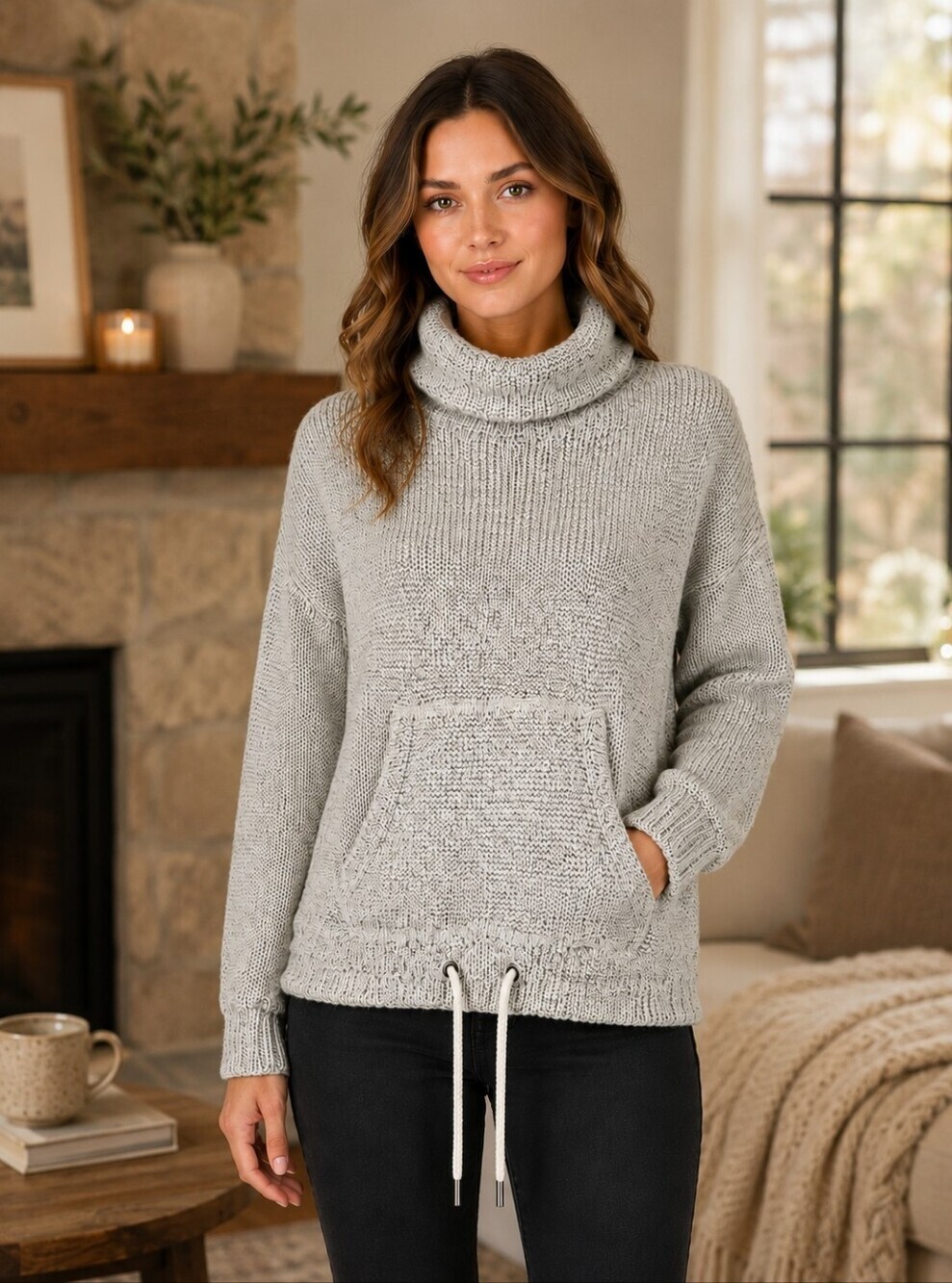 Members Mark Light Gray Textured Cowl Neck Drawstring Sweater